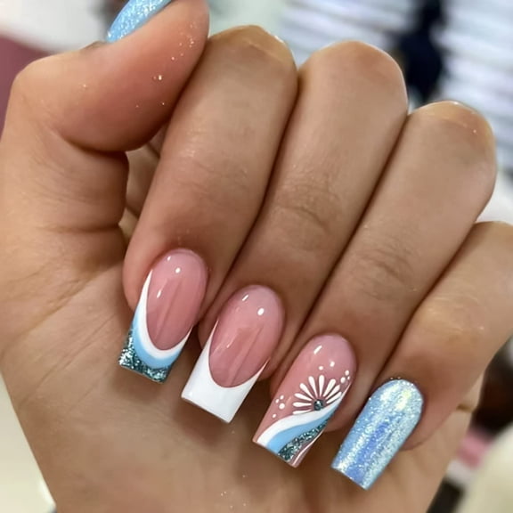 24Pcs Coffin Press on Nails Medium French Fake Nails White Spots and Flowers Design With Blue Sequin False Nails Glossy Acrylic Full Cover Nails for Women and Girls Nails Decorations Style 11 0.04 Fl