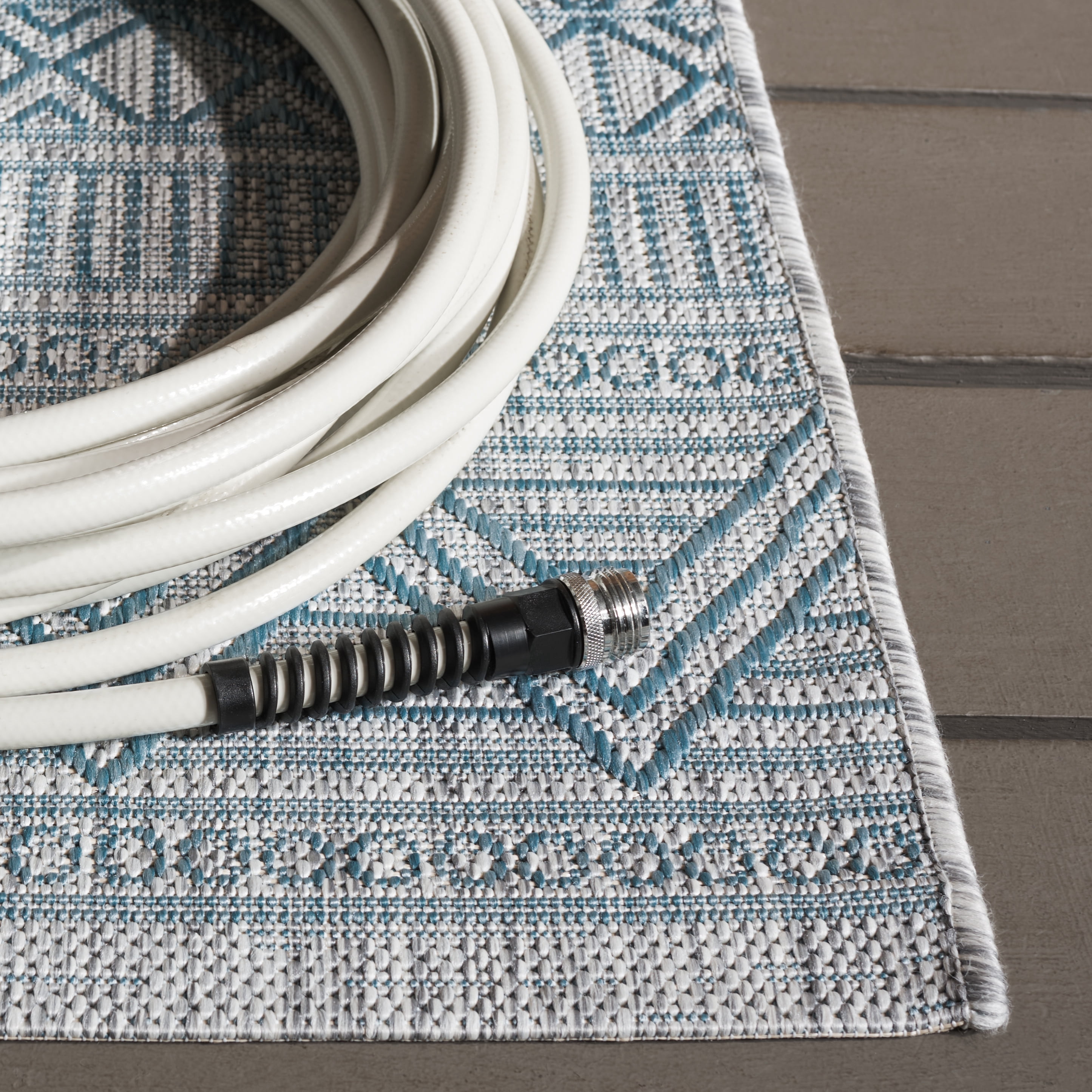 SAFAVIEH Courtyard Altan Geometric Indoor/Outdoor Area Rug, Light Grey/Aqua, 6'7" x 6'7" Square