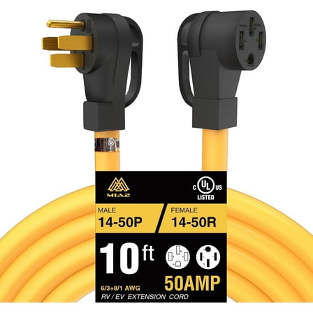 RV/EV Power Extension Cord  NEMA 14-50P Male to 14-50R Female, 10FT, Heavy Duty 6/3 8/1 Gauge, STW Wire with Grip Handle, UL Listed, 4 Prong 50 Amp