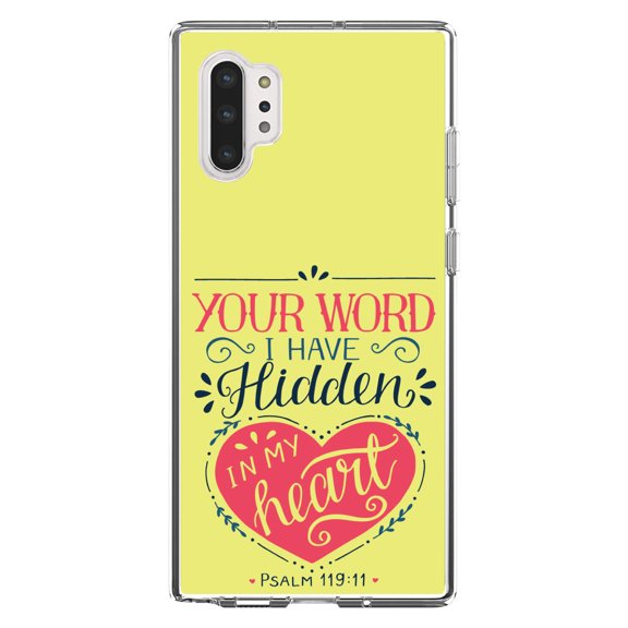 DistinctInk Clear Shockproof Hybrid Case for Galaxy Note 10 PLUS (6.8" Screen) - TPU Bumper, Acrylic Back, Tempered Glass Screen Protector - Psalm 119:11 - Your Word I have Hidden in My Heart