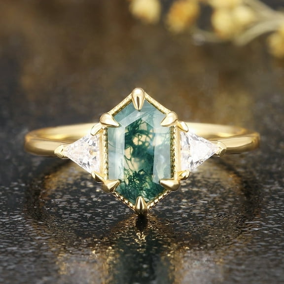 Hexagon Green Moss Agate Emgagement Ring Set Art Deco Statement Ring Unique  Moss Agate Ring