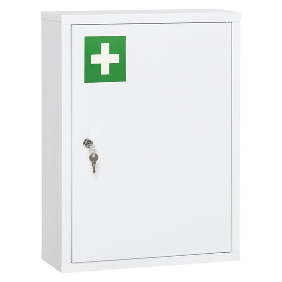 kleankin Wall Medicine Cabinet with Lock - 16x21" Steel Locking Cabinet - 3 Tier Bathroom & Kitchen Organizer - White - Includes 2 Keys