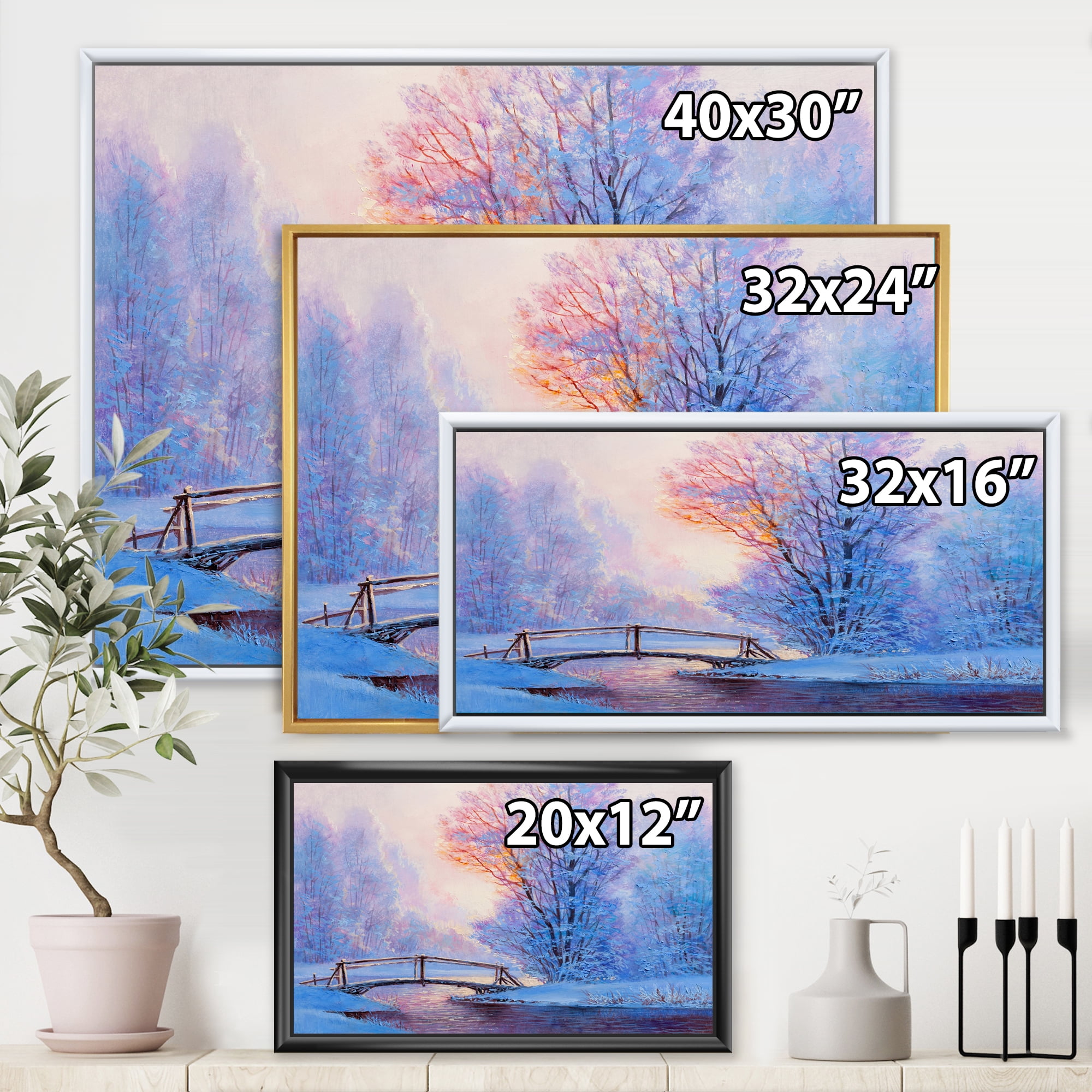 Designart 'Winter Landscape With A Bridge and A River' Lake House Framed Canvas Wall Art Print