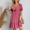 thumbnail image 4 of Kaemgyyd Women's Summer Dresses Trendy Pleated Ruffle Hem Beach Sundress Casual V Neck Tiered Loose Short Sleeve Mini Dress, 4 of 7
