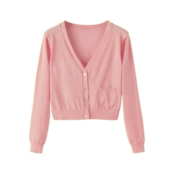 Arnsht Women's Cropped Shrug Solid Color Long Sleeve Knitted Cardigan Short Jacket Pocket Button Down Cardigan Sweater Pink M