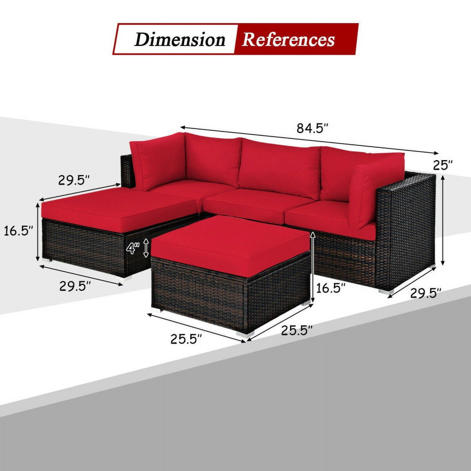 Aimee Lii 5 Pieces Patio Rattan Sectional Conversation Ottoman Furniture Set, Outdoor Patio Set, Red