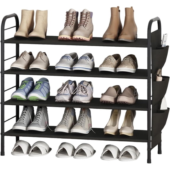 Shoe Rack Storage Organizer 4 Tier Free Standing Metal Shoe Shelf Compact Shoe Organizer with Side Bag for Entryway Closet Bedroom