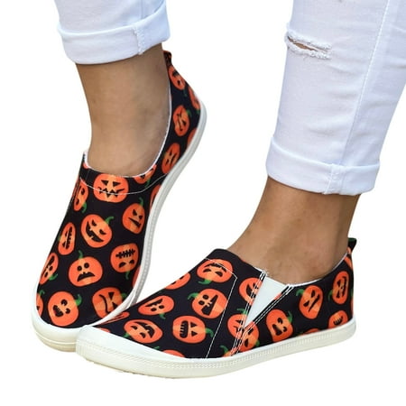 Mepaouo Women s Fashion Halloween Shoes Pumpkin Print Canvas Low Top Sneakers Slip on Flats Boat Loafers