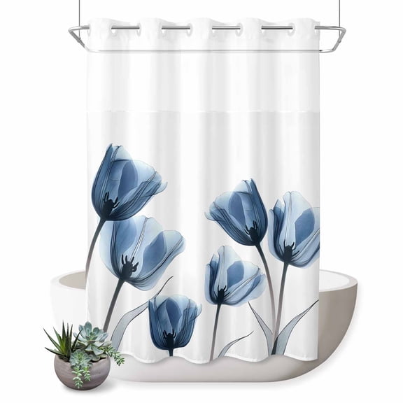Navy Blue No Hook Shower Curtain Tulip Minimalist Modern Flower Art Shower Curtain with See Through Top Window, Waterproof Washable Fabric Curtain for Bathroom Hotel Decor, 72Wx96L