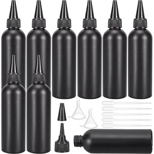 16 botellas de plástico negras de 120 ml/4,06 oz para condimentos, con 2 embudos y 10 pipetas de transferencia para tinta, tatuajes, pintura líquida y pegamento.