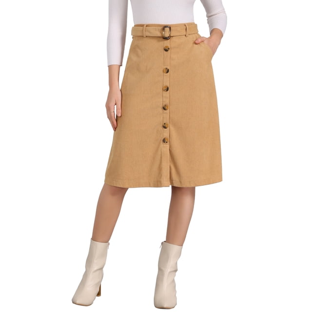 Falda midi de mujer de pana de cintura alta con botones y cinturón color camel XL
