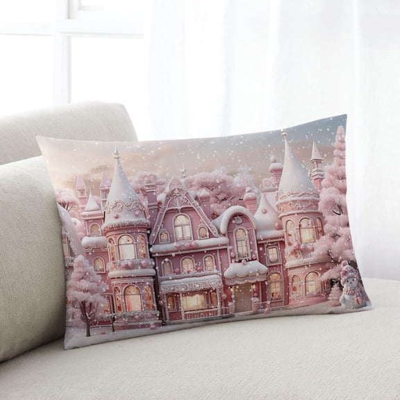 Pink Christmas Throw Pillow Covers, Xmas House Pink Winter Snowflake Soft Breathable Pillow Cases with Invisible Zipper for Sleeping, Standard Pillowcases for Couch Bed Sofa Chair 20x26 Inches
