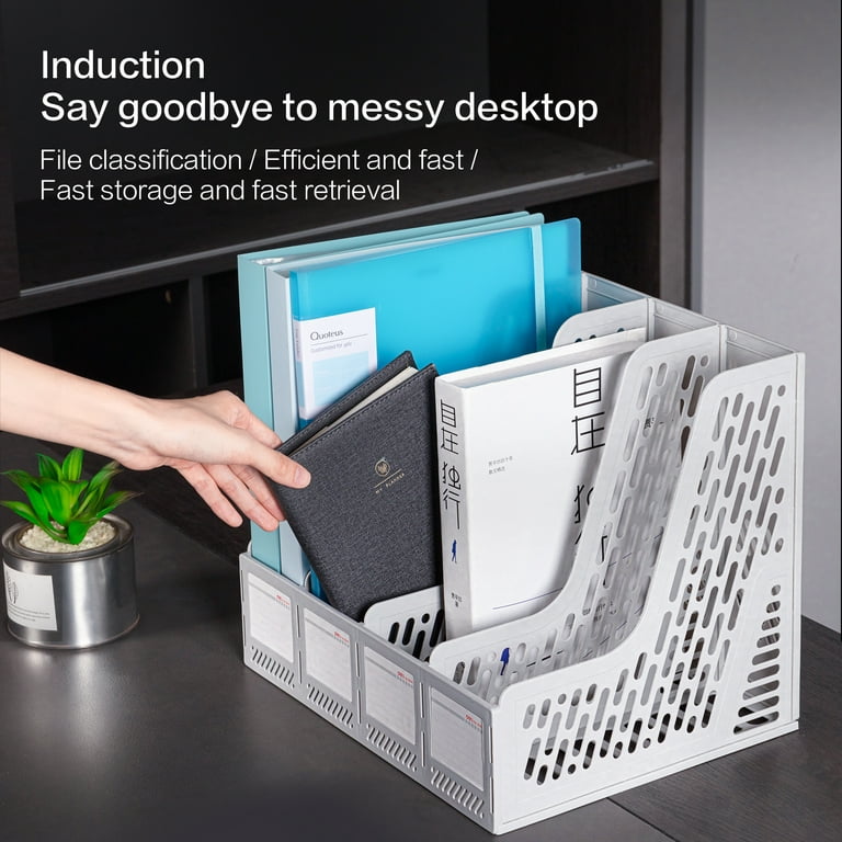 Deli Magazine File Book Holder Desktop Organizer , 4 Compartments, Plastic,  Gray