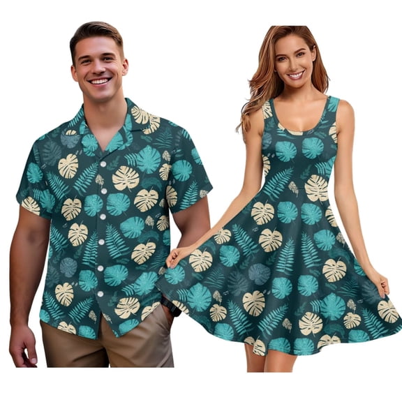 Jiueut Monstera Palm Leaves Pattern Matching Hawaiian Outfits for Couples, Womens Casual Summer Sleeveless Scoop Neck Mini Dress Sundress and Mens Hawaiian Shirts Button Down Plus Size, XS