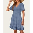 thumbnail image 6 of FreshPretty Womens V Neck Casual Vacation Dress Short Sleeve Smocked Swiss Dot Swing Ruffle Mini Beach Summer Dresses, 6 of 6