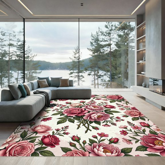 ODIKA 4'x6' Machine Washable Non-Slip Area Rug, Watercolor Blush Pink High Traffic Rug, Pink, 1162636