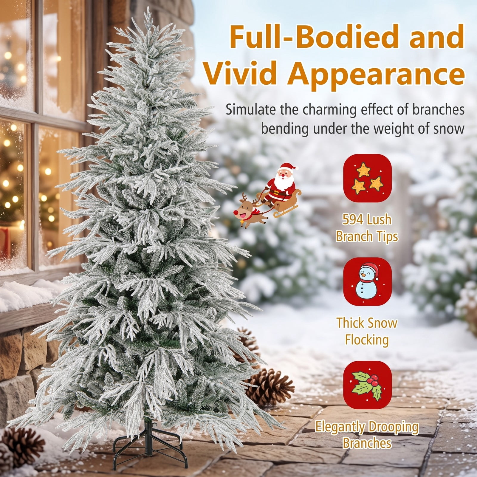 RUIE 6 Feet Pre-Lit Snow Flocked Artificial Christmas Tree with 250 Warm White LED Lights, Hinged Xmas Pine Tree with Foldable Metal Stand for Indoor, Green & White