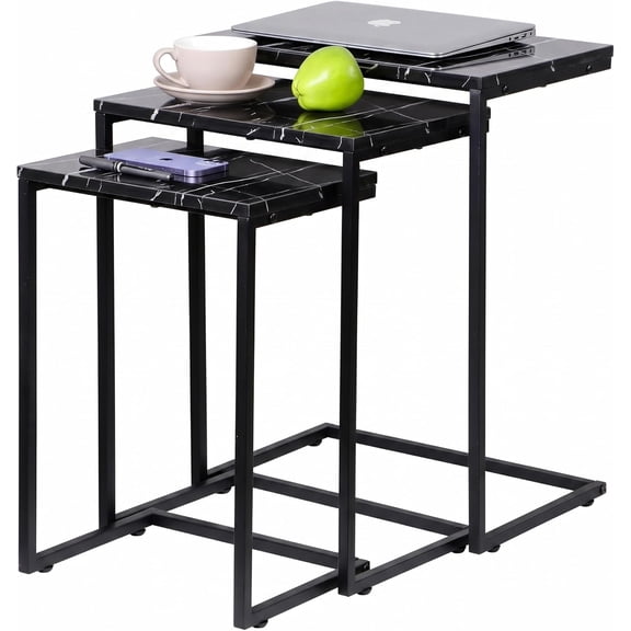 SUPER DEAL Nesting Tables Set of 3, Industrial C Shaped End Table Stackable Coffee Table Heavy Duty Metal Frame for Small Space, Living Room, Bedroom, Side Table Tray for Laptop Snack, Black