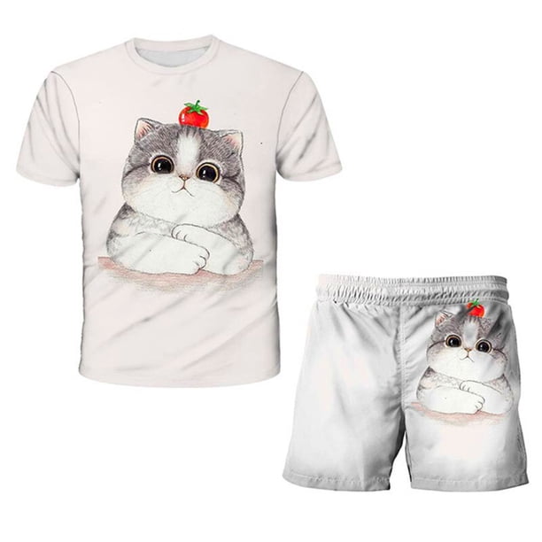 Conjuntos de ropa para bebés, niños, niñas, gatos, camisetas de dibujos animados para niños, pantalones cortos, trajes, ropa informal para niños, trajes de 1 a 14 años, 6T Gao Jinjia LED