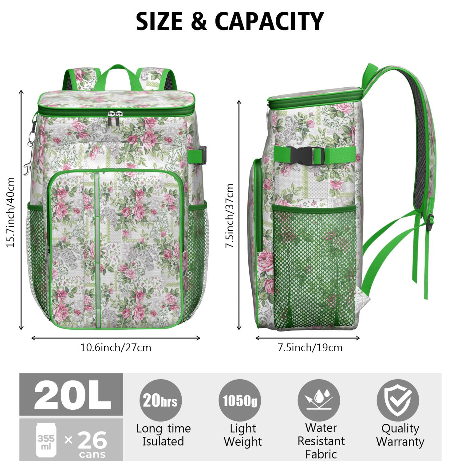 Travel Cooler Bag - Pioneer Flower Floral Print Pattern Camping Beer Cooler Backpack with Bottle Opener- Waterproof Insulated Picnic Backpacks - Cooler Bag for Beach