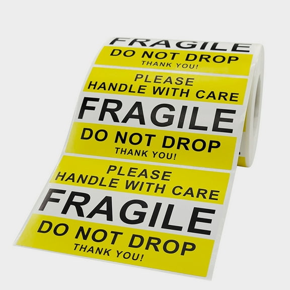 FELTECHELECTR 1 Roll Yellow White Paper Fragile Stickers for Cargo Transportation and Moving Services 10X2.5In