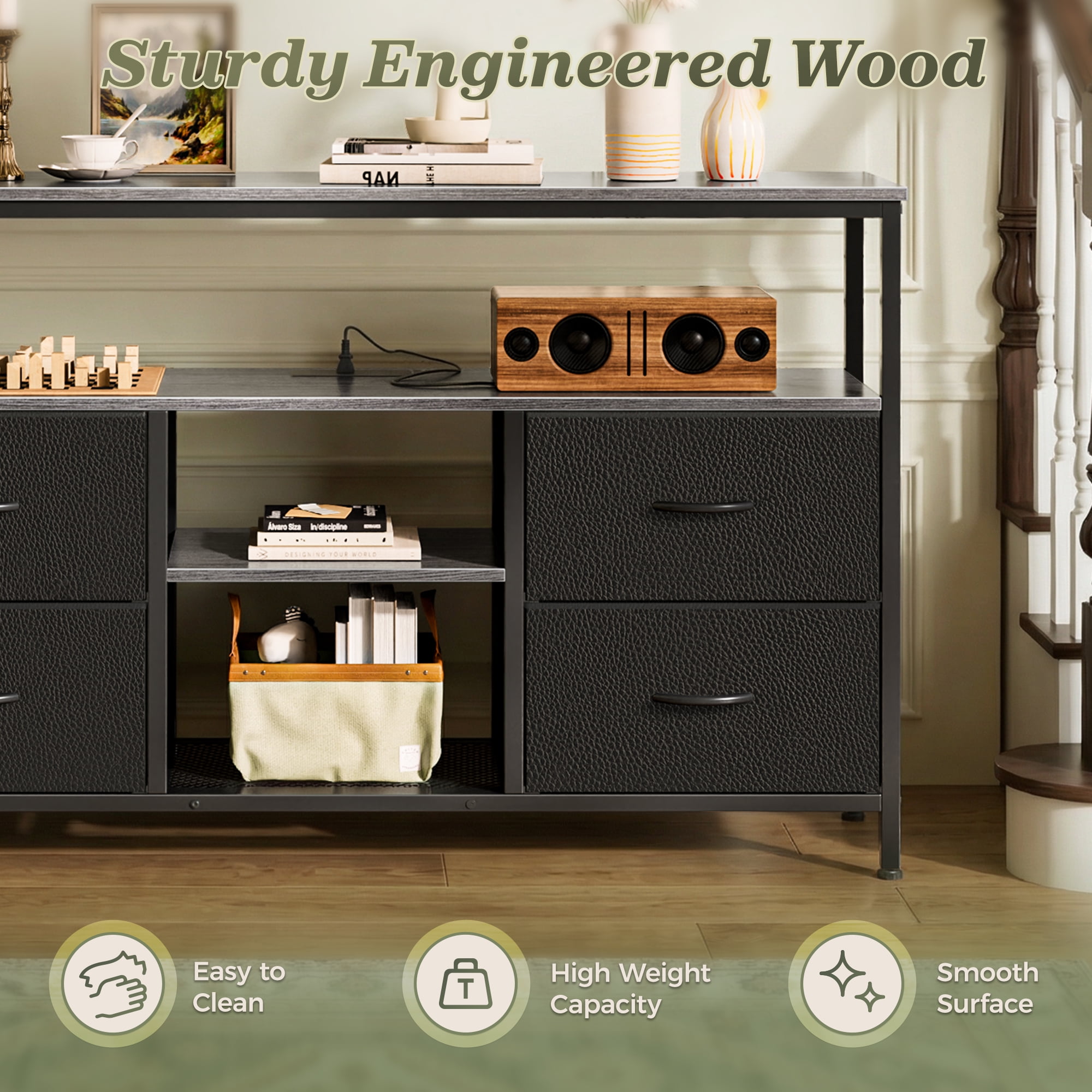 Amadwell TV Stand with Power Outlets & LED Lights, 4 Drawer Dresser Entertainment Center, Media Console with Open Shelf