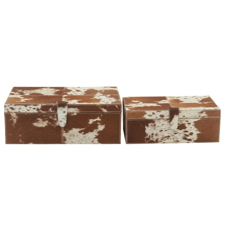 DecMode Handmade Cowhide Brown Leather Decorative Box with Snap Front Closure and Detailed Stitching, 2 Count
