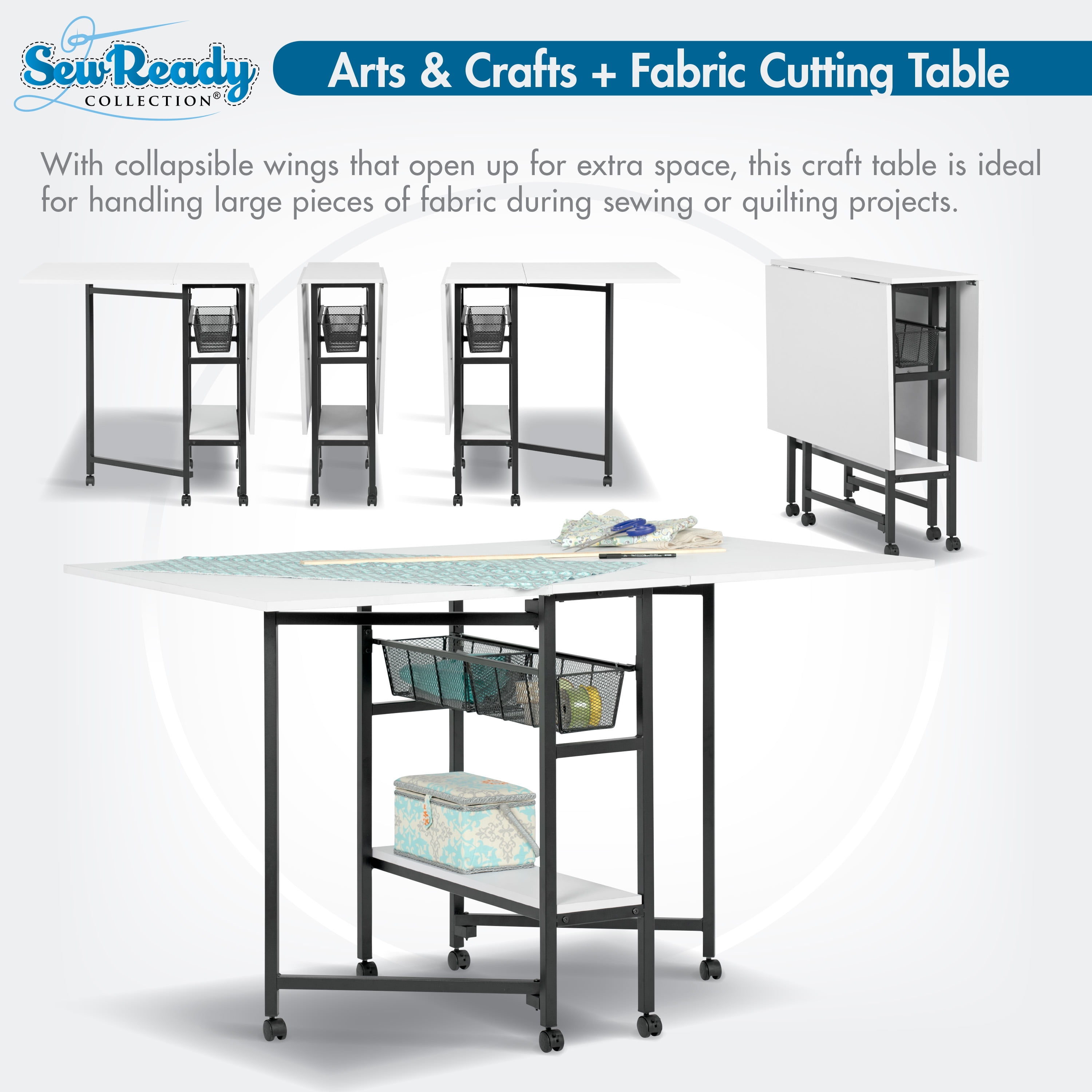 Sew Ready Metal Folding Rolling Cutting Craft Sewing Table with Storage 36 -inch High in Black and White