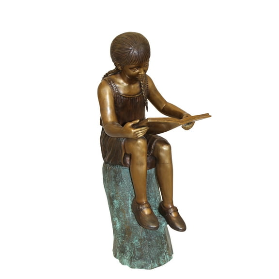Nifao Girl Sitting on a Tree Stump Reading a Book Bronze Statue – Home Office Decor Sculpture, 15"L x 17"W x 38"H