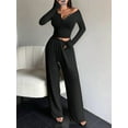 thumbnail image 6 of Women'S Fall Two Piece Outfits V-Neck Long Sleeve T Shirt Wide Leg Pants Lounge Sets for Women Casual Tracksuit Black S, 6 of 8