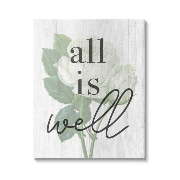 Stupell Industries Floral All is Well Phrase Inspirational Painting Gallery Wrapped Canvas Print Wall Art, 16 x 20