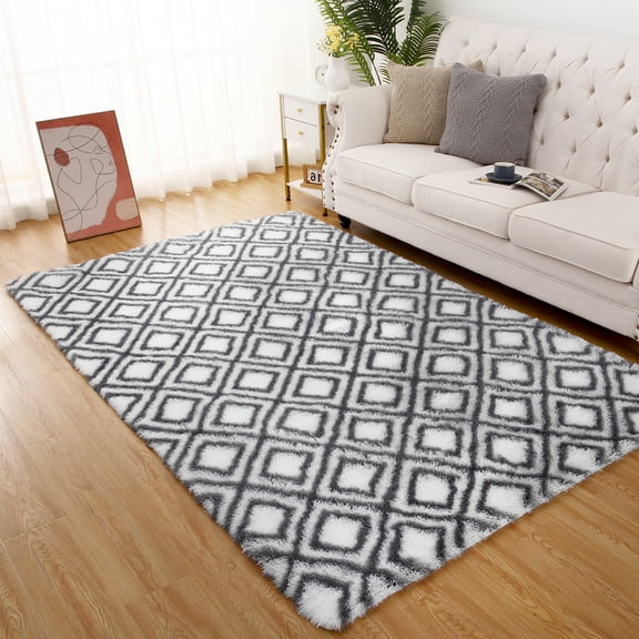 Hasoo Geometric Plush Shag Area Rug, White/Grey, 5' x 8'