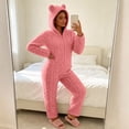 thumbnail image 5 of Karymi Women's Sleepwear Cable Knit Fleece Hooded Onesie Pajamas, Zip Front , Long Sleeve, Plush One Piece Loungewear, Cute Bear Ear Hood, Warm Winter Home Sleepwear, 5 of 9