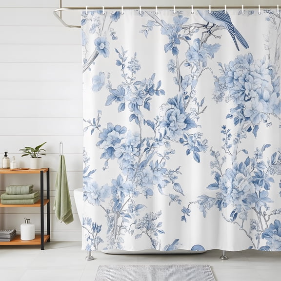Shower Curtains for Bathroom, Blue White Flowers Waterproof Fabric Shower Curtain, Spring Summer Floral Botanical Decorative Bathroom Curtain for Bathtub, 72"x72", No Hooks Included