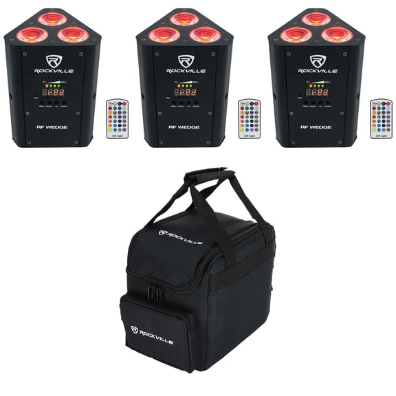 (3) Rockville RF WEDGE BLACK RGBWA UV Battery Wireless DMX Up Lights Remotes Bag