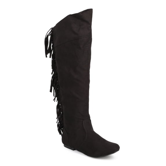 Qupid DC03 Women Suede Knee High Round Toe Fringe Flat Boot