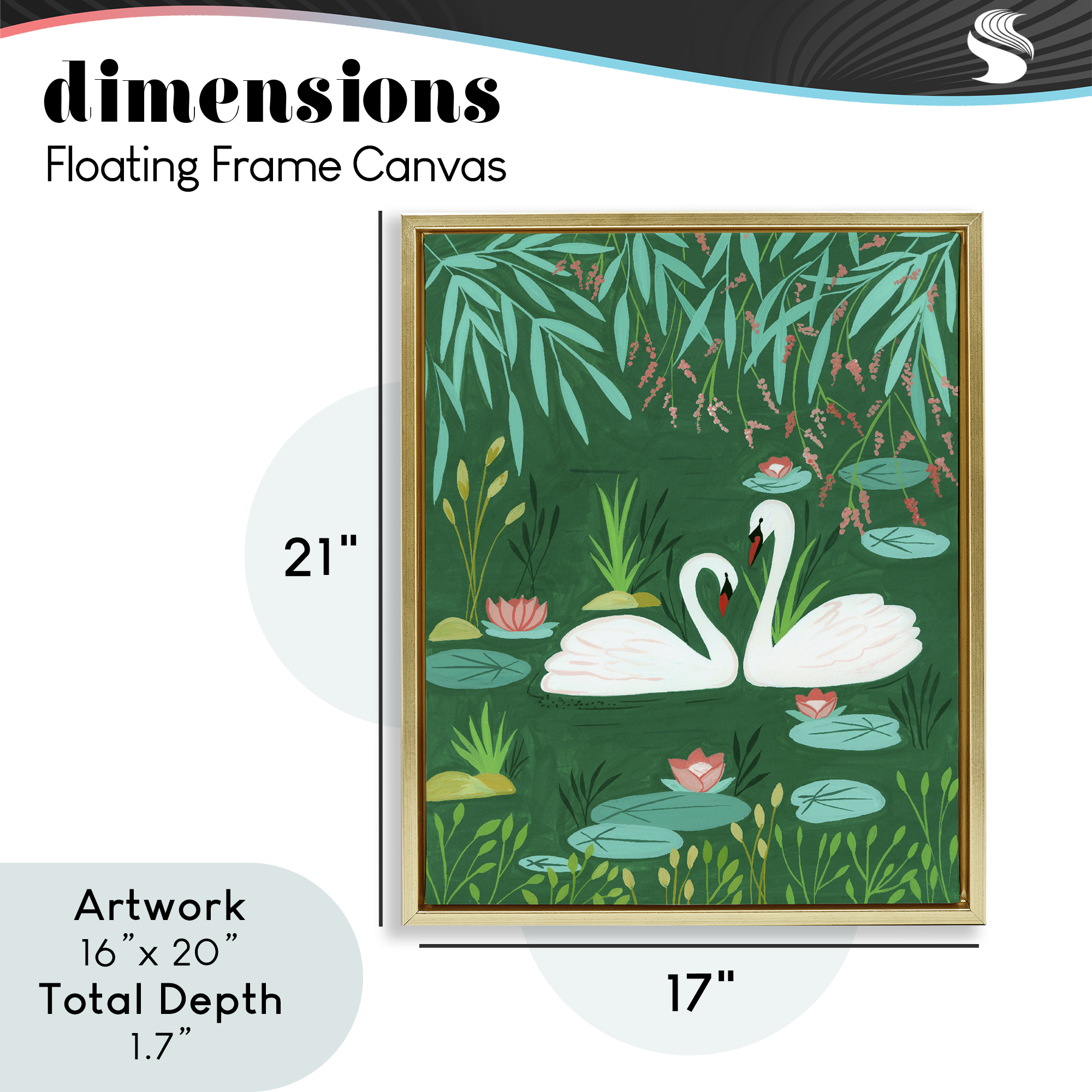 Swan Pair on Green Pond Gold Framed Floater Canvas Wall Art, design by Nabeela Rumi