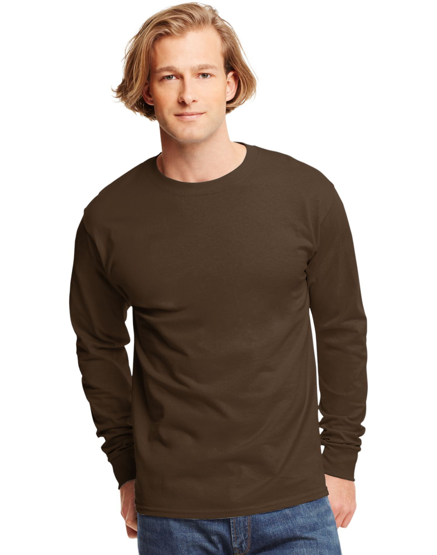 Hanes - 5586 Tagless Long-Sleeve T-Shirt Size Medium, Dark Chocolate ...