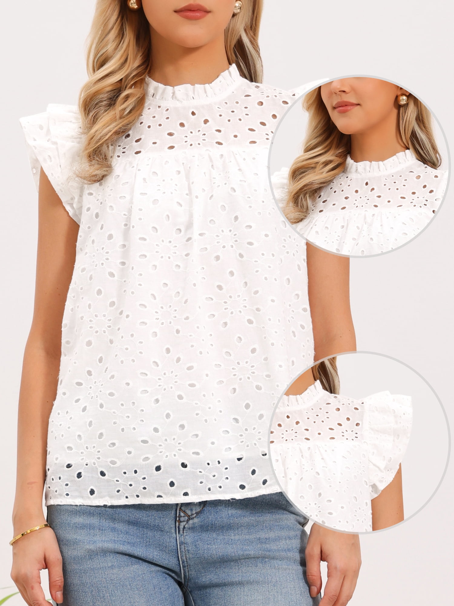 DARING DIVA Women's Summer Eyelet Tops Casual Cap Sleeve Ruffle Cotton Blouse M White