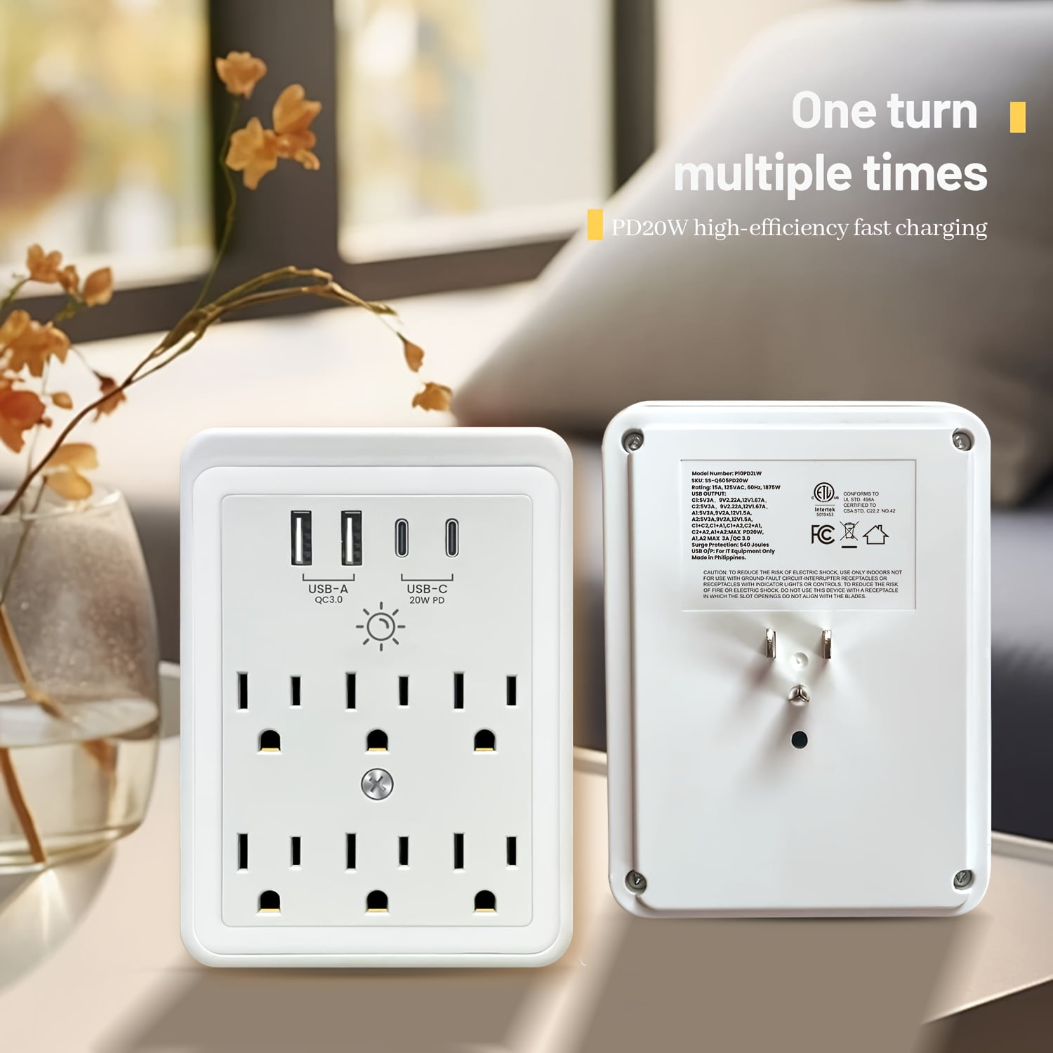 10-in-1 Power Strip: 6 AC Outlets, 4 USB Ports (2 USB-C, 2 USB-A) with PD20W Fast Charging, Surge Protector, Night Light & Phone Holder, Wall Mountable for Home, Bedroom, Kitchen