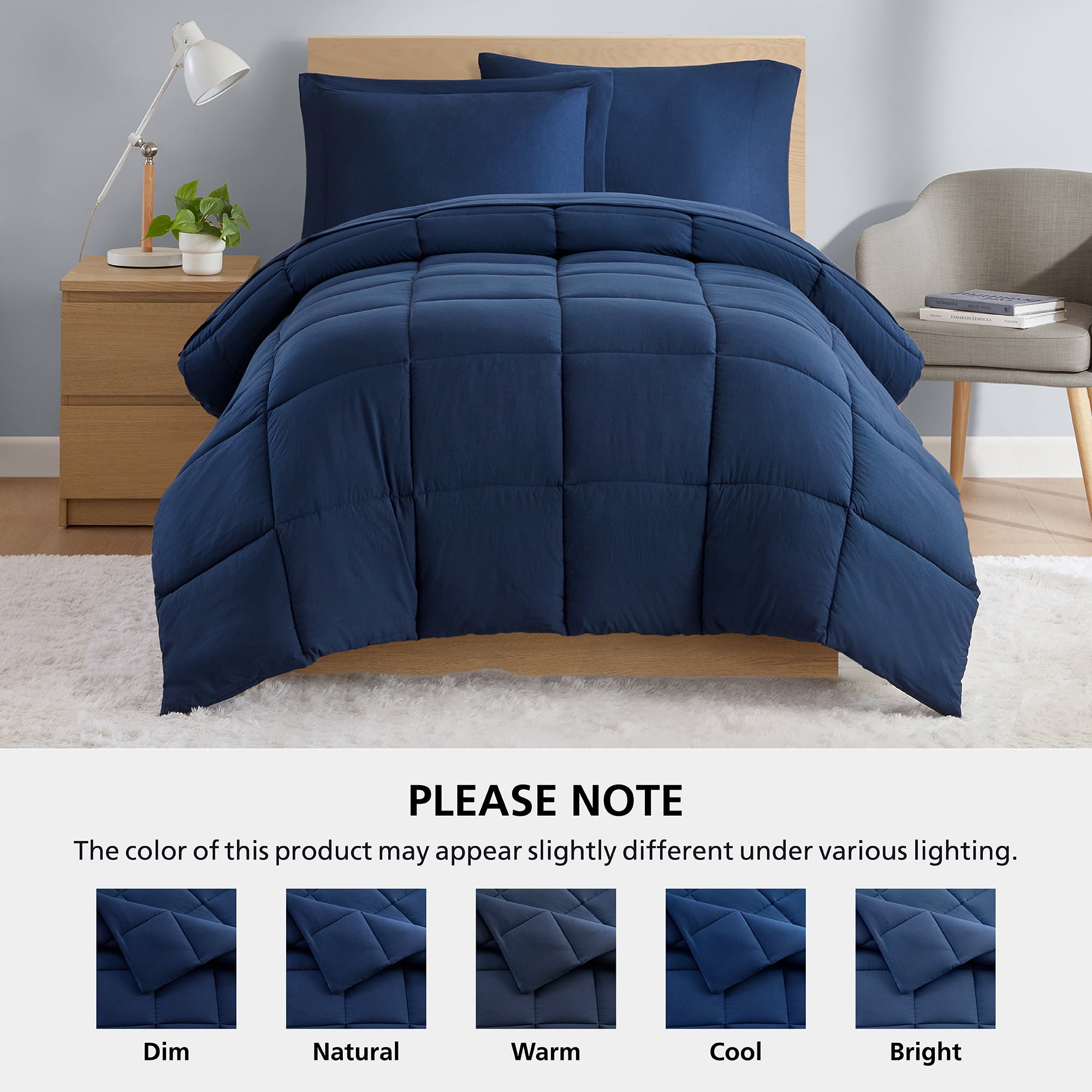Mainstays All in One Down Alt Reversible Comforter and Sheet set- 5 Piece, Twin, Navy