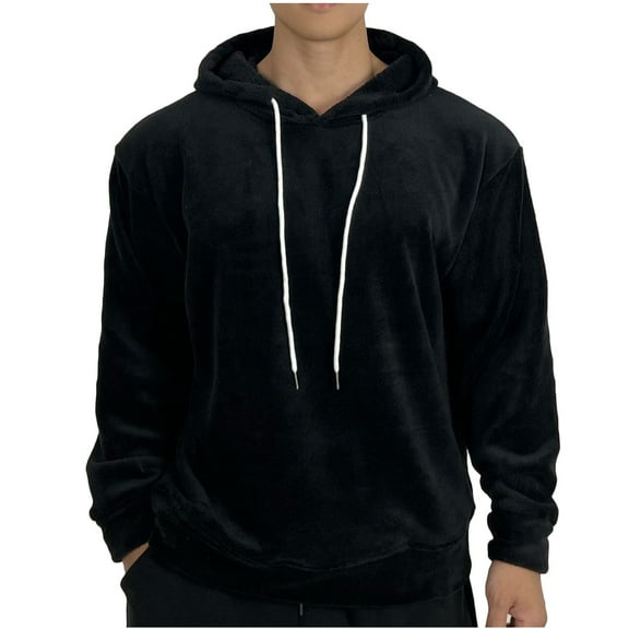 JUUYY Men's Coral Fleece Hoodie Winter m Heavyweight Sherpa Lined Hooded Pullover Jacket Long Sleeve With Drawstring Black XXL