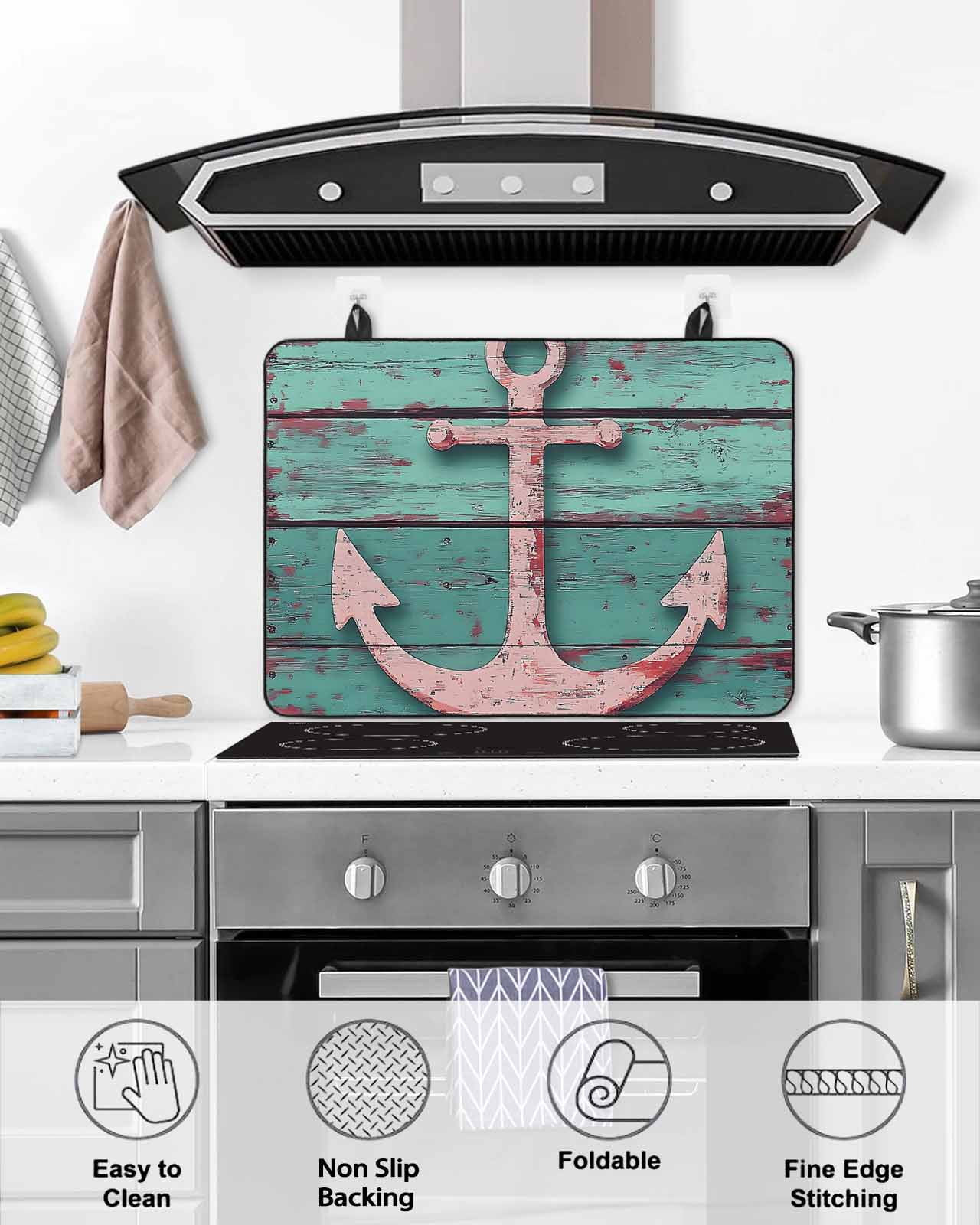 nqOlkjepod Large Induction Cooktop Protector Mat 28.5"x20.5", Pink Anchor Stove Top Covers for Electric Stove, Nautical Vintage Rustic Turquoise Wooden Stove Burner Cover Mats, Glass Top Stove Cover