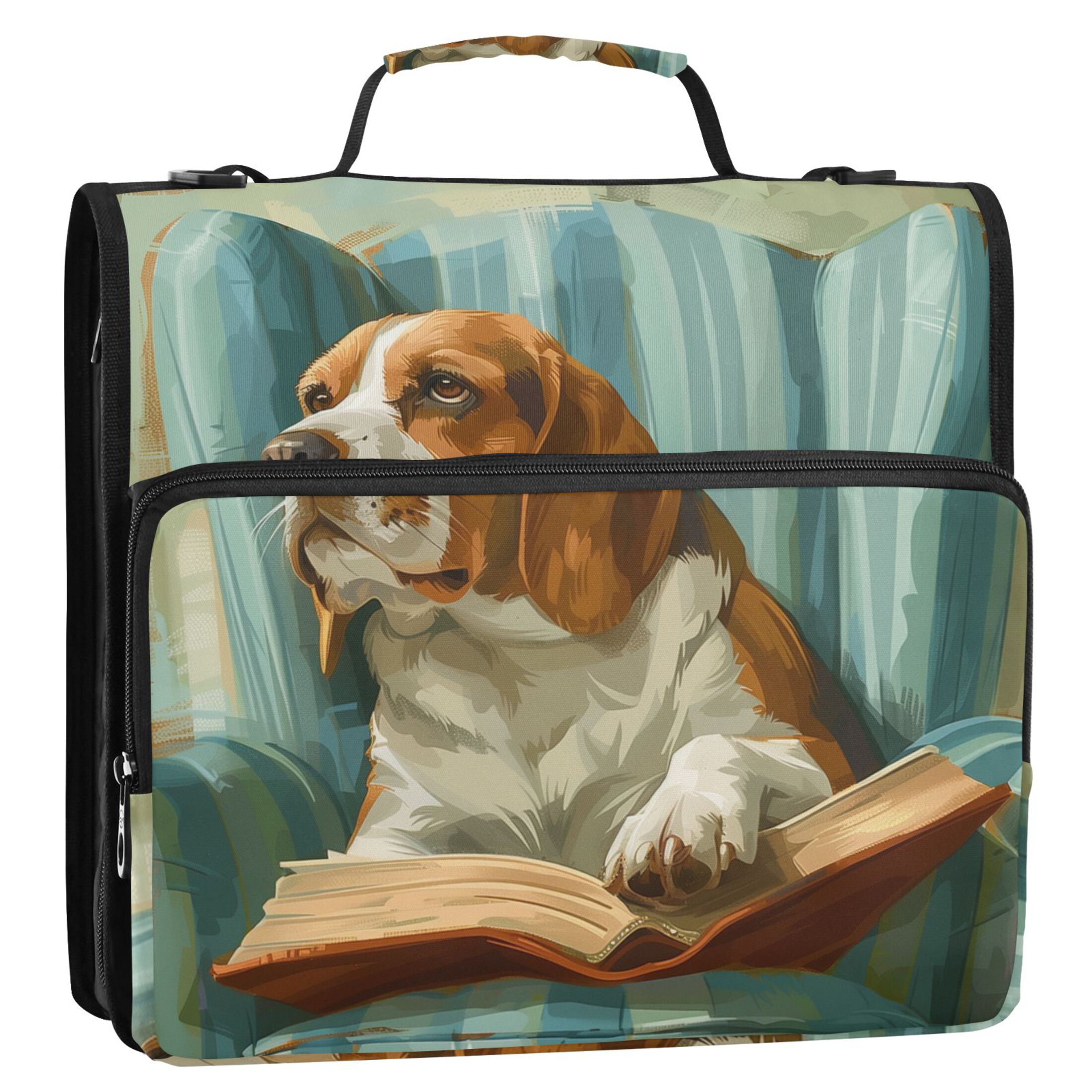 3 Ring Zipper Binder with Shoulder Strap Waterproof Trapper Keeper 2 Inch D-Ring 500 Sheets Capacity Beagle Dog Read Book on Chair