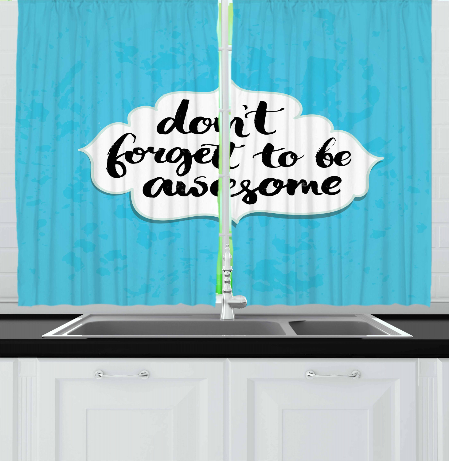 Motivational Curtains 2 Panels Set, Inspirational Hand Writing Brush Strokes Background Calligraphy, Window Drapes for Living Room Bedroom, 55W X 39L Inches, Turquoise Black White, by Ambesonne