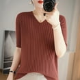 thumbnail image 6 of BRDFRL Women Summer Knit Shirt Blouse V Neck Short Sleeve Pullover Sweater Tops Coffee L, 6 of 6