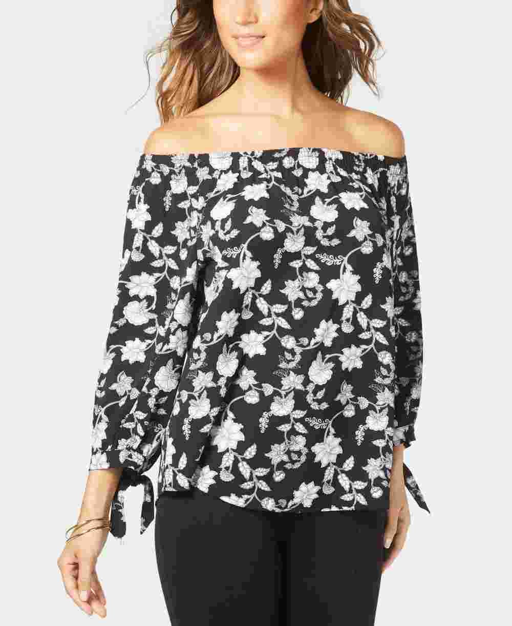 NY Collection Women's Printed Off The Shoulder Top Black Size