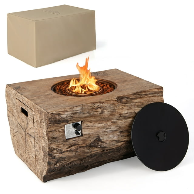 Costway 40" Rectangle Propane Fire Pit Table Wood-Like Surface w/ Lava Rock PVC Cover