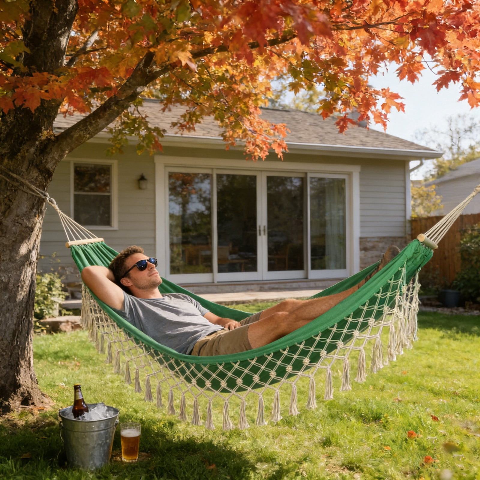 Double Camping Hammock With Boho Fringe Tassels - Anti-Tip Heavy Duty Canvas Outdoor Swing Bed 92.5x53.1in For Backyard Patio Porch Garden Travel