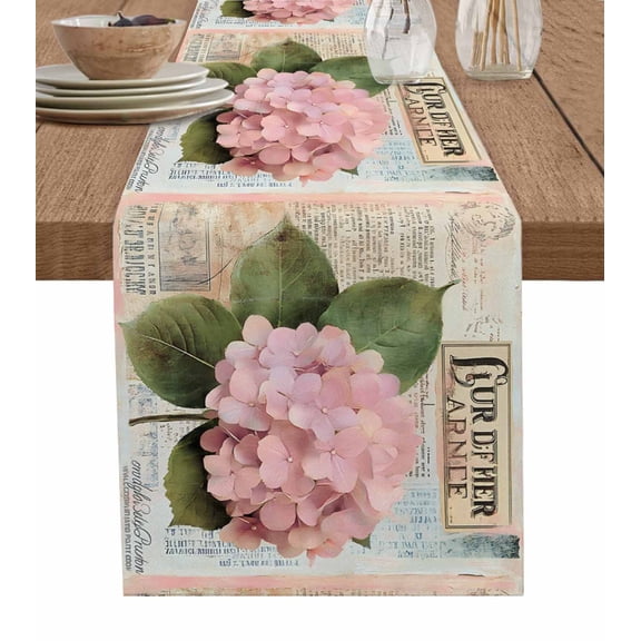 Pink Vintage Floral Burlap Cotton Table Runner 13x36 Inches Short, Summer Botanical Retro Farmhouse Table Runners, Outdoor Dining Tablecloths Decor for Baby Shower/Party/Wedding